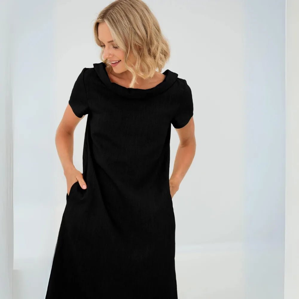 Hazel | Elegant Yellow Cowl Neck Short Sleeve Midi Dress - Emma's Dresses