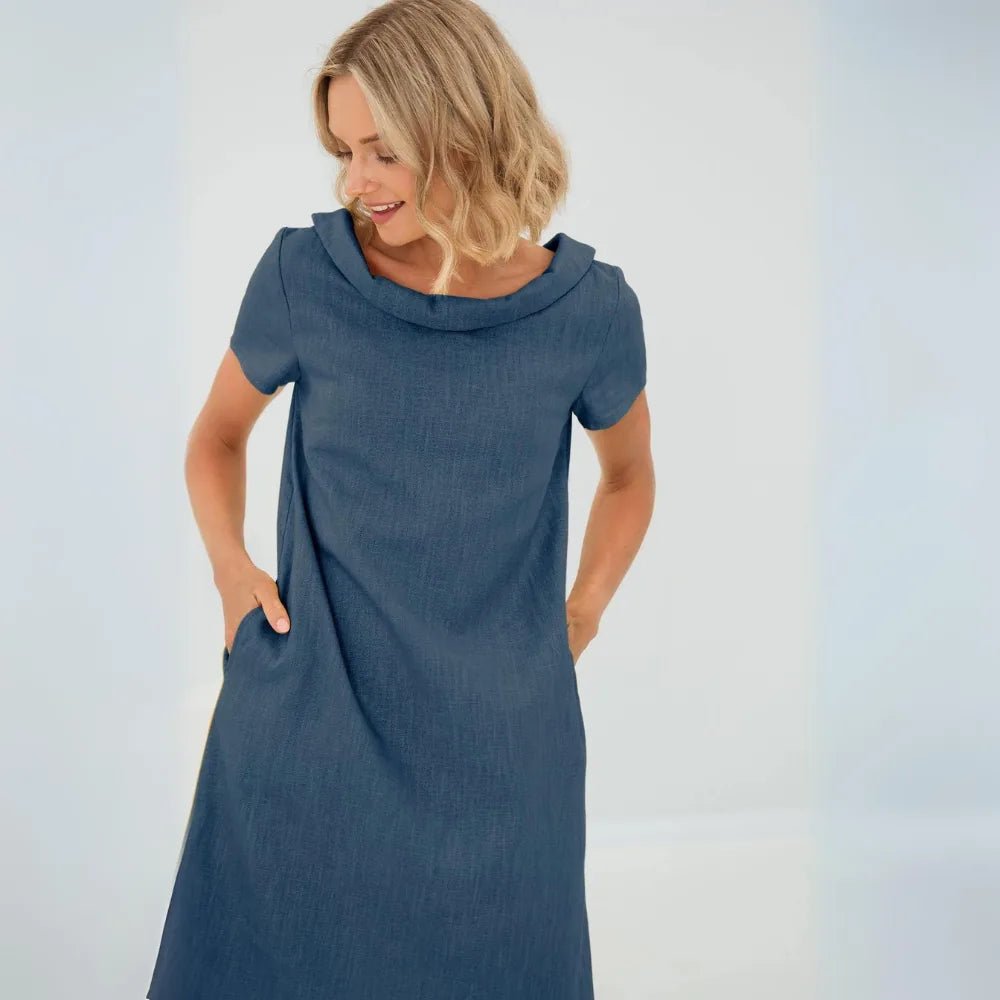 Hazel | Elegant Yellow Cowl Neck Short Sleeve Midi Dress - Emma's Dresses