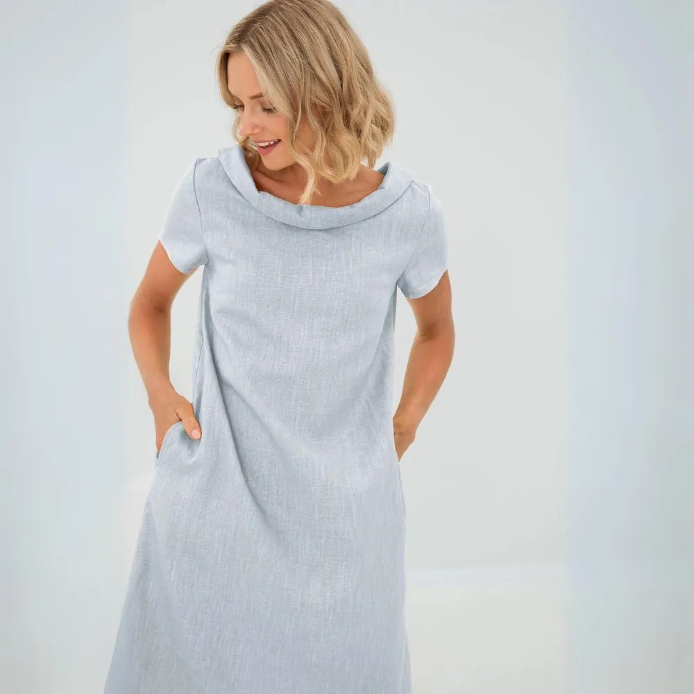 Hazel | Elegant Yellow Cowl Neck Short Sleeve Midi Dress - Emma's Dresses