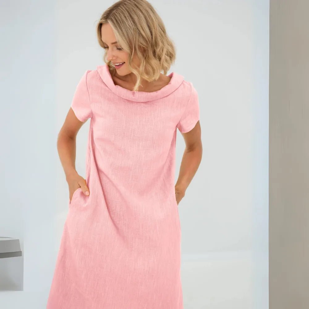 Hazel | Elegant Yellow Cowl Neck Short Sleeve Midi Dress - Emma's Dresses