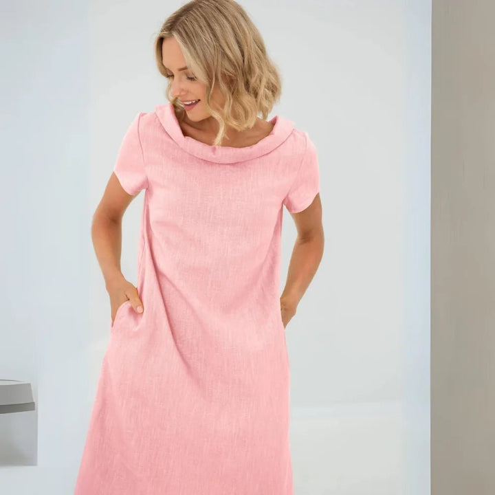 Hazel | Elegant Yellow Cowl Neck Short Sleeve Midi Dress - Emma's Dresses