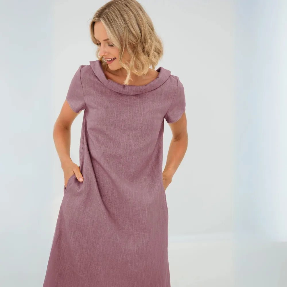 Hazel | Elegant Yellow Cowl Neck Short Sleeve Midi Dress - Emma's Dresses