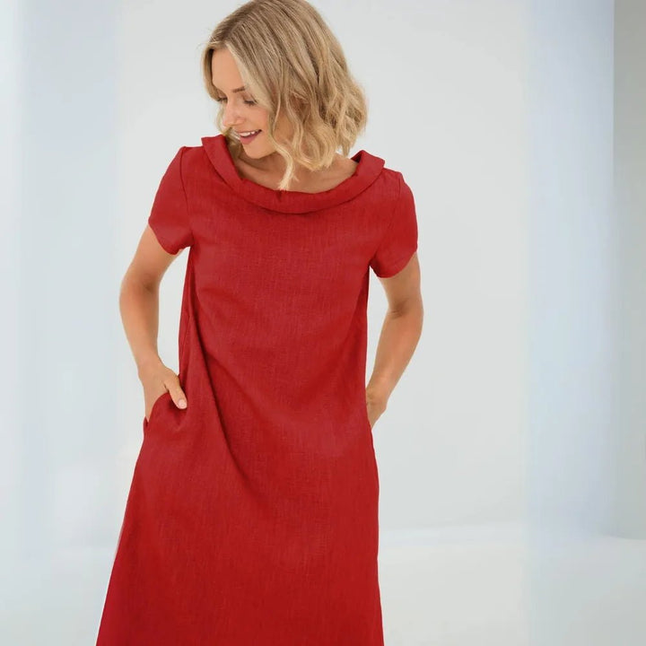 Hazel | Elegant Yellow Cowl Neck Short Sleeve Midi Dress - Emma's Dresses