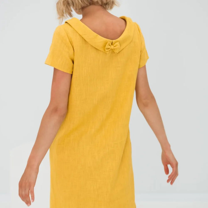 Hazel | Elegant Yellow Cowl Neck Short Sleeve Midi Dress - Emma's Dresses