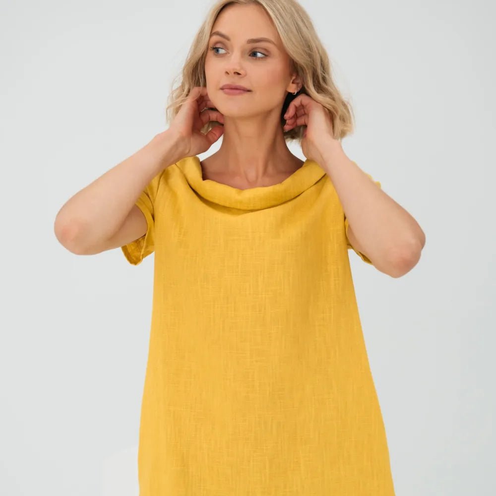 Hazel | Elegant Yellow Cowl Neck Short Sleeve Midi Dress - Emma's Dresses