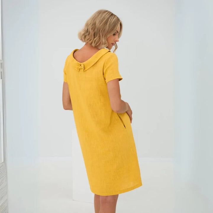 Hazel | Elegant Yellow Cowl Neck Short Sleeve Midi Dress - Emma's Dresses