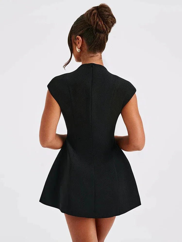 Anya | Sleek Deep Plunge Structured Black Mini Dress - Emma's Dresses