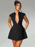 Anya | Sleek Deep Plunge Structured Black Mini Dress