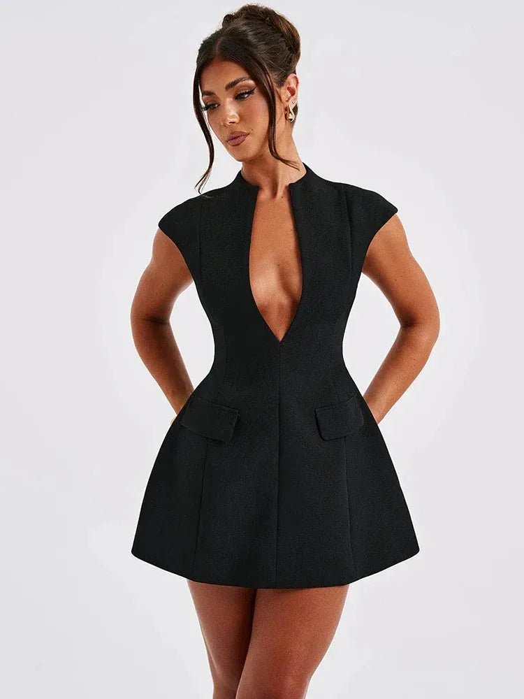 Anya | Sleek Deep Plunge Structured Black Mini Dress - Emma's Dresses