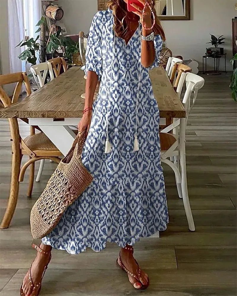 Daphne | Stylish Blue Diamond Print V - Neck Maxi Dress - Emma's Dresses