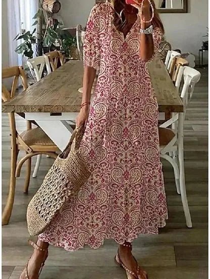 Daphne | Stylish Blue Diamond Print V - Neck Maxi Dress - Emma's Dresses