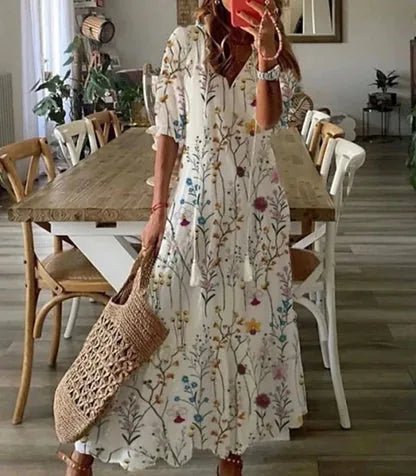 Daphne | Stylish Blue Diamond Print V - Neck Maxi Dress - Emma's Dresses