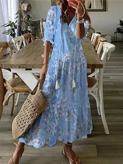 Daphne | Stylish Blue Diamond Print V - Neck Maxi Dress - Emma's Dresses