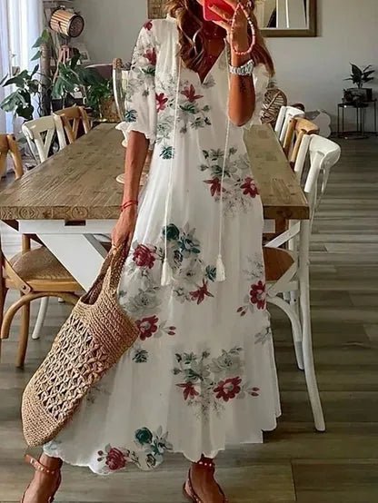 Daphne | Stylish Blue Diamond Print V - Neck Maxi Dress - Emma's Dresses
