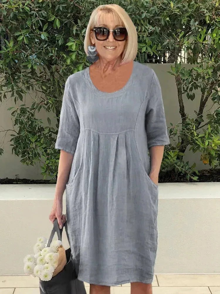 Serena | Effortless Blue A - Line Midi Dress with Scoop Neck - Emma's Dresses