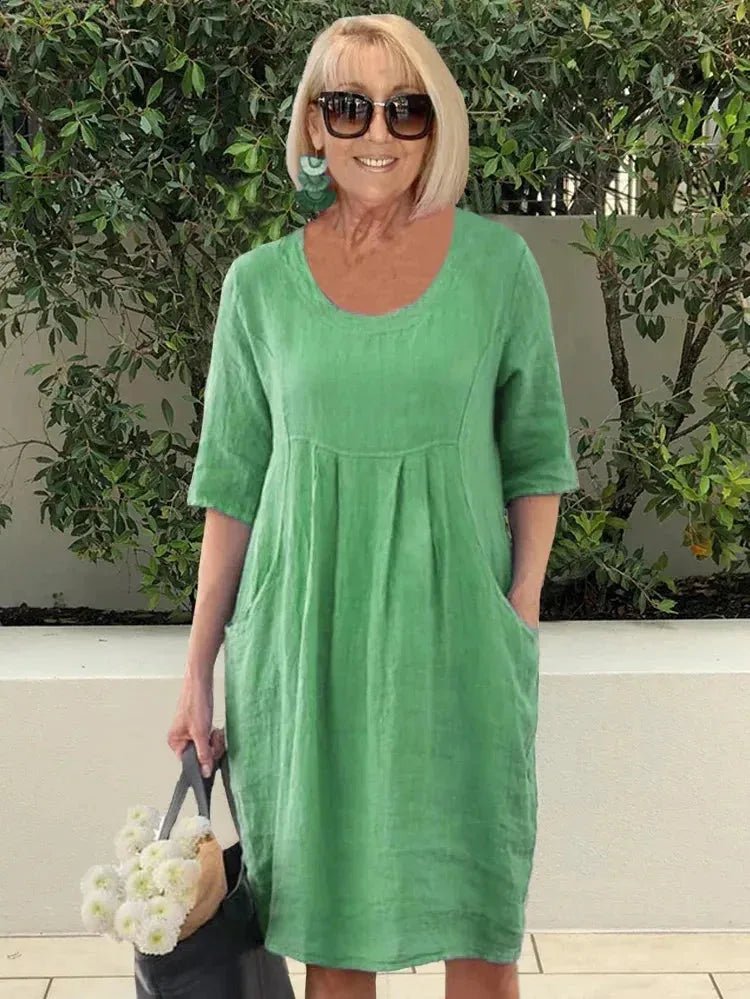 Serena | Effortless Blue A - Line Midi Dress with Scoop Neck - Emma's Dresses