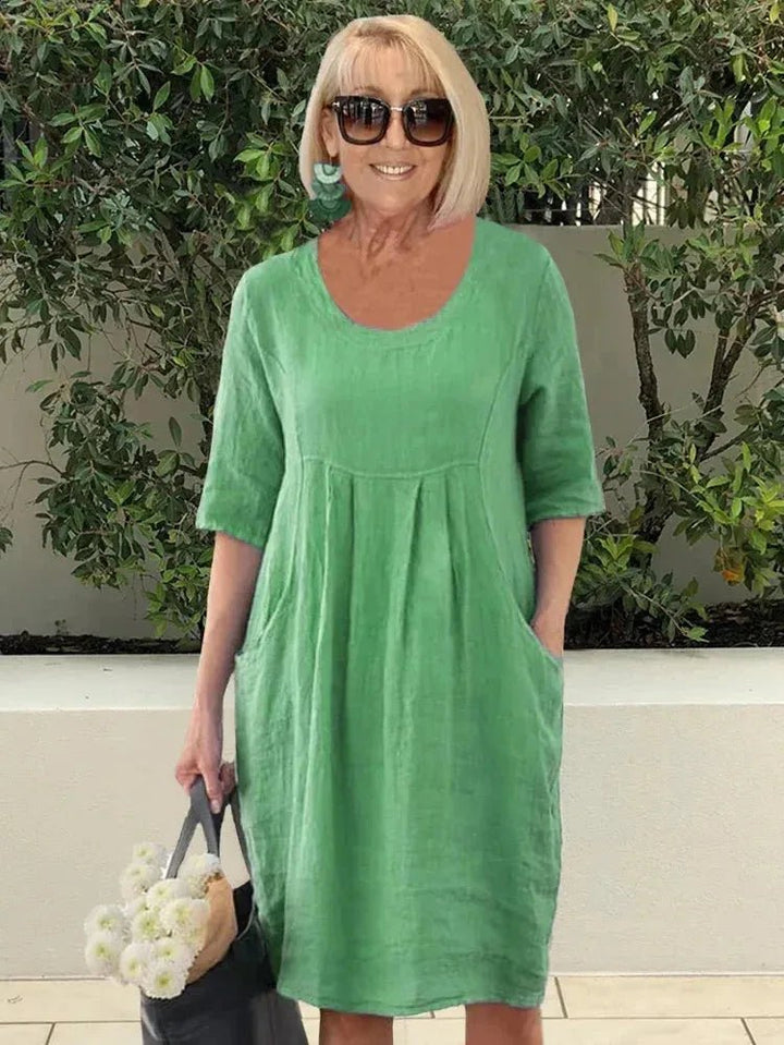 Serena | Effortless Blue A - Line Midi Dress with Scoop Neck - Emma's Dresses