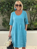 Serena | Effortless Blue A-Line Midi Dress with Scoop Neck