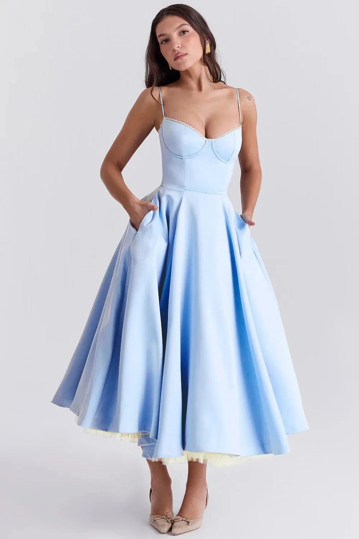 Nina | Elegant Blue Corset Midi Dress With Sweetheart Neckline - Emma's Dresses