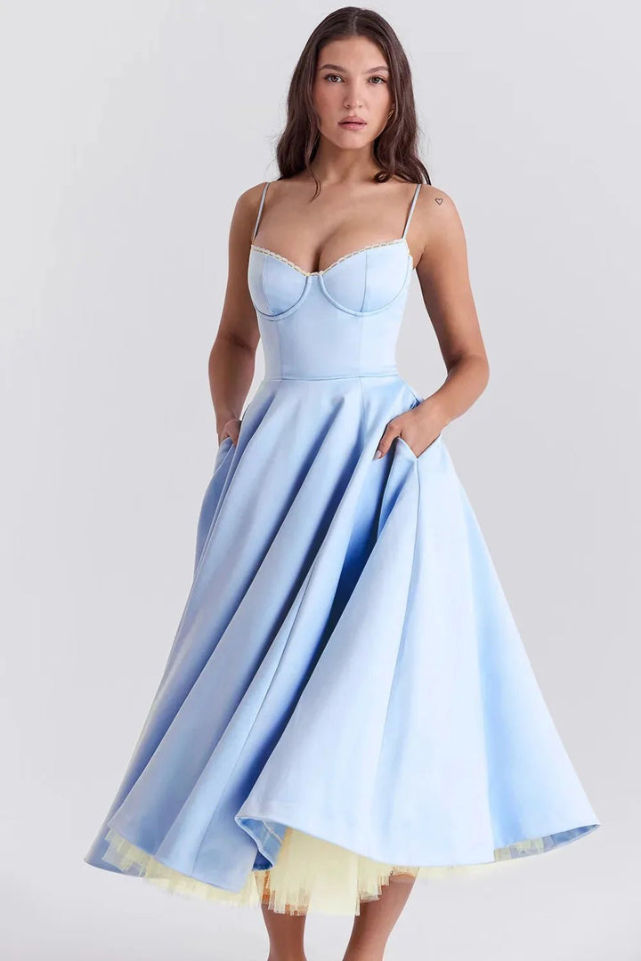 Nina | Elegant Blue Corset Midi Dress With Sweetheart Neckline - Emma's Dresses