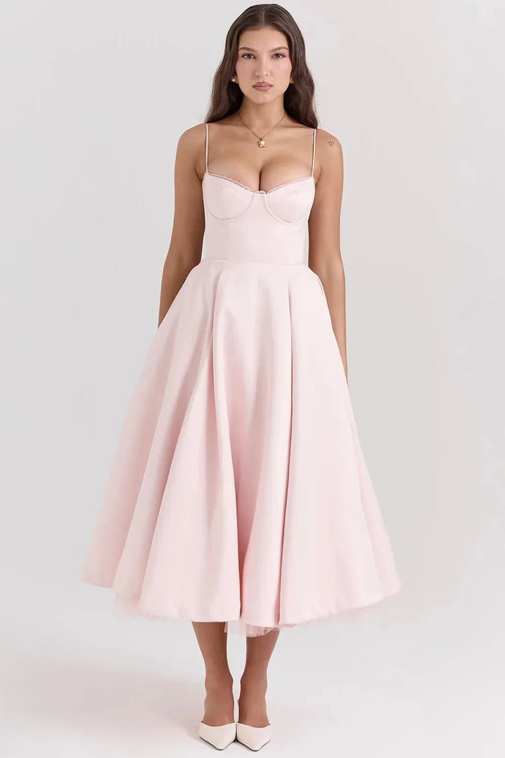 Nina | Elegant Blue Corset Midi Dress With Sweetheart Neckline - Emma's Dresses