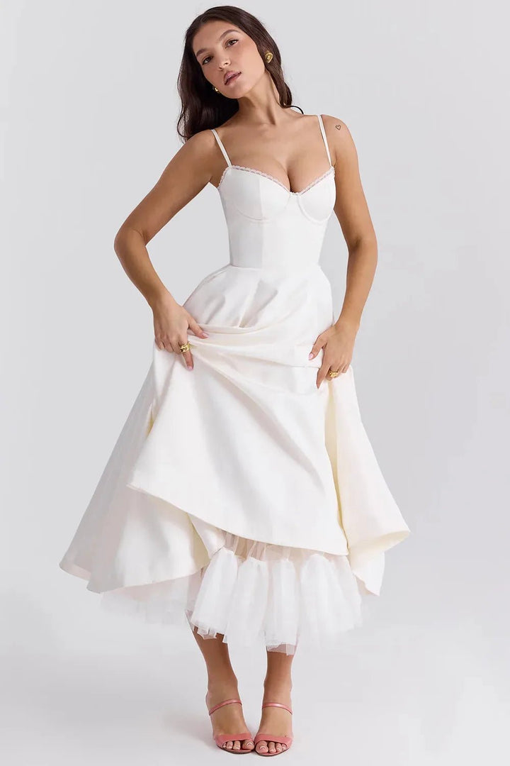 Nina | Elegant Blue Corset Midi Dress With Sweetheart Neckline - Emma's Dresses