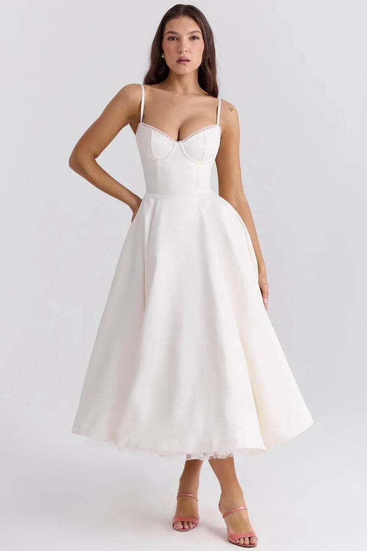 Nina | Elegant Blue Corset Midi Dress With Sweetheart Neckline - Emma's Dresses