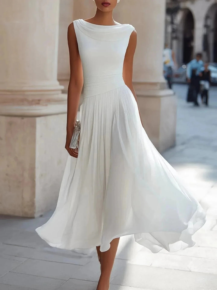 Eloise | Elegant Cowl Neck Sleeveless White Midi Dress – view 1