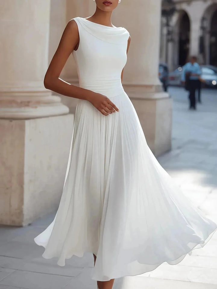 Eloise | Elegant Cowl Neck Sleeveless White Midi Dress – view 2