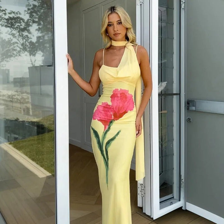 Alba | Elegant Yellow Floral Halter Maxi Dress - Emma's Dresses