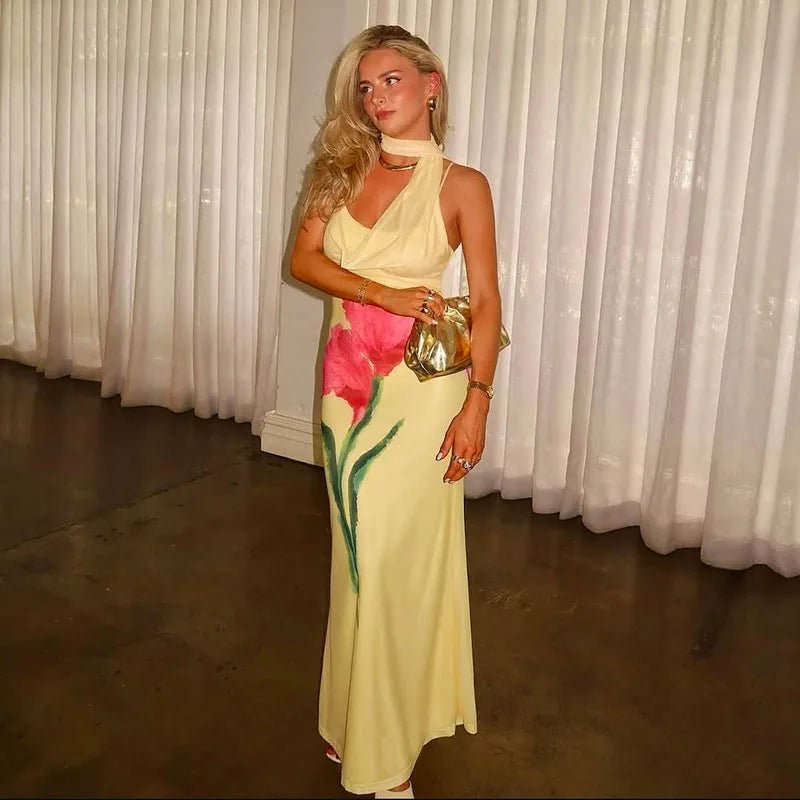 Alba | Elegant Yellow Floral Halter Maxi Dress - Emma's Dresses