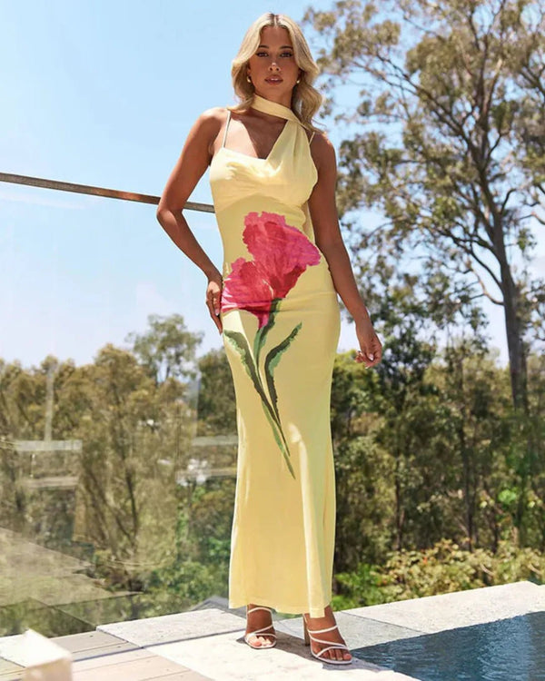 Alba | Elegant Yellow Floral Halter Maxi Dress
