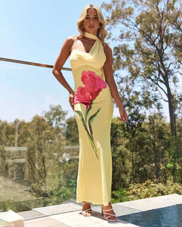 Alba | Elegant Yellow Floral Halter Maxi Dress - Emma's Dresses