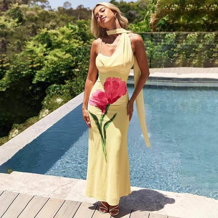 Alba | Elegant Yellow Floral Halter Maxi Dress - Emma's Dresses