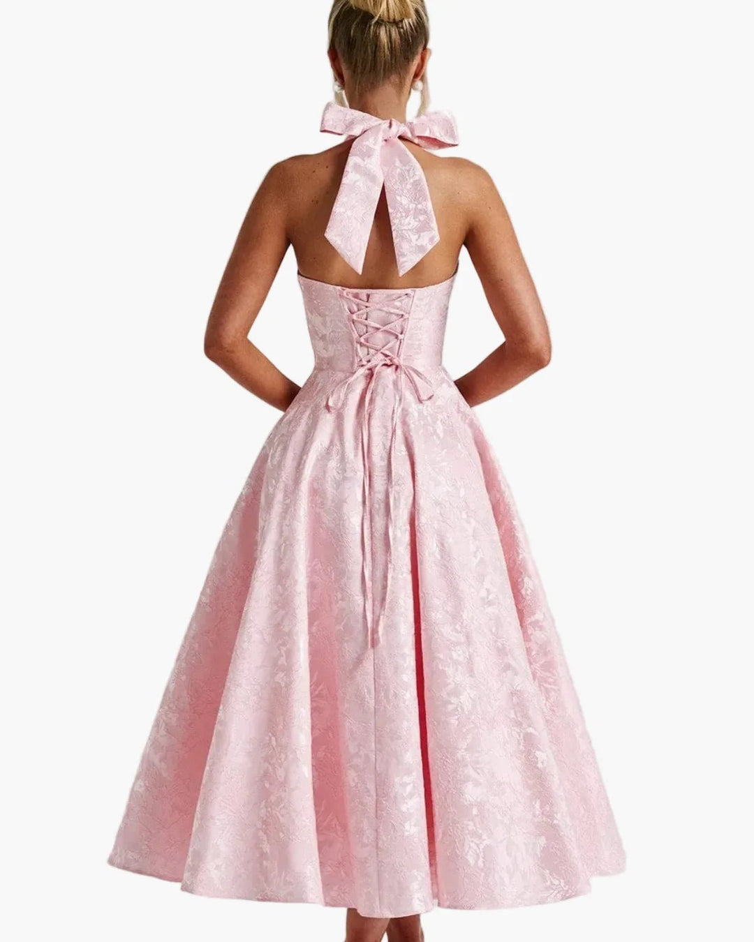 Vivienne | Elegant White Halter Midi Dress with Fit & Flare – view 15
