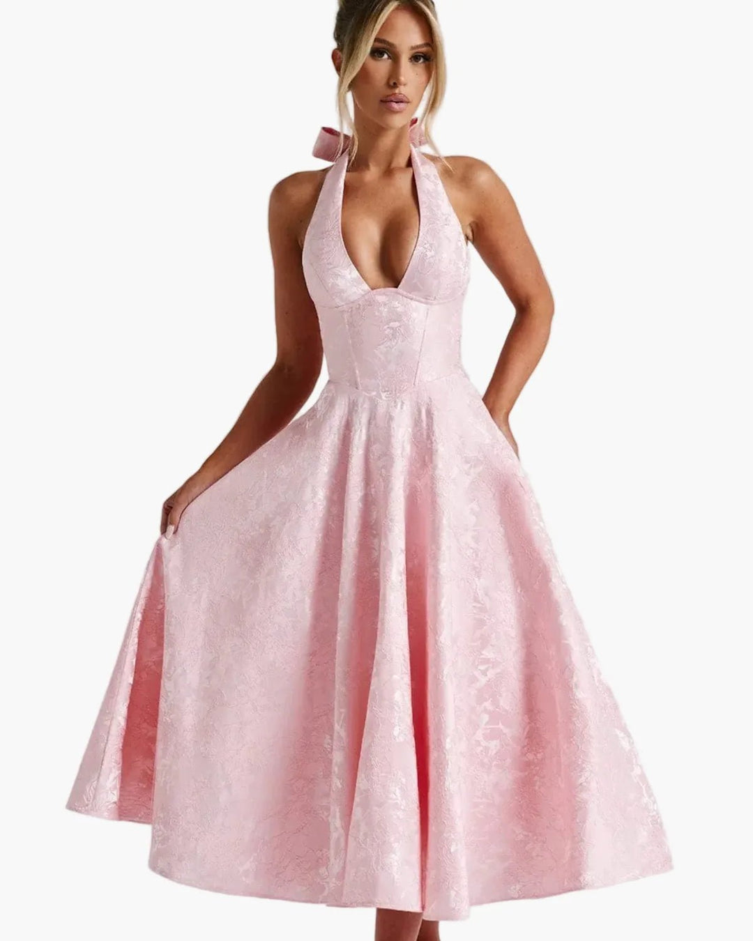 Vivienne | Elegant White Halter Midi Dress with Fit & Flare – view 7