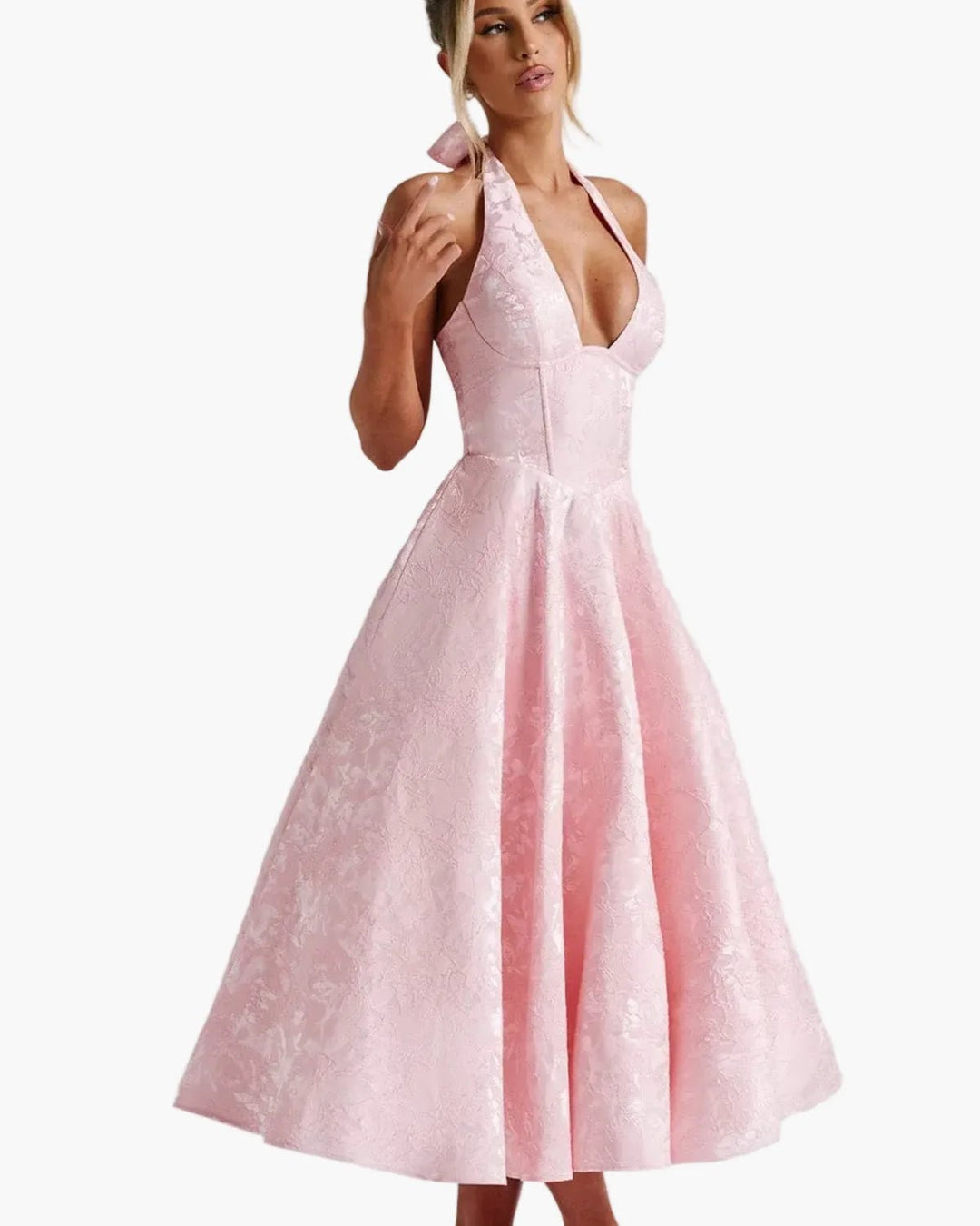 Vivienne | Elegant White Halter Midi Dress with Fit & Flare – view 14