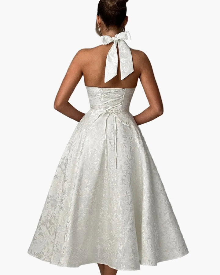 Vivienne | Elegant White Halter Midi Dress with Fit & Flare – view 6