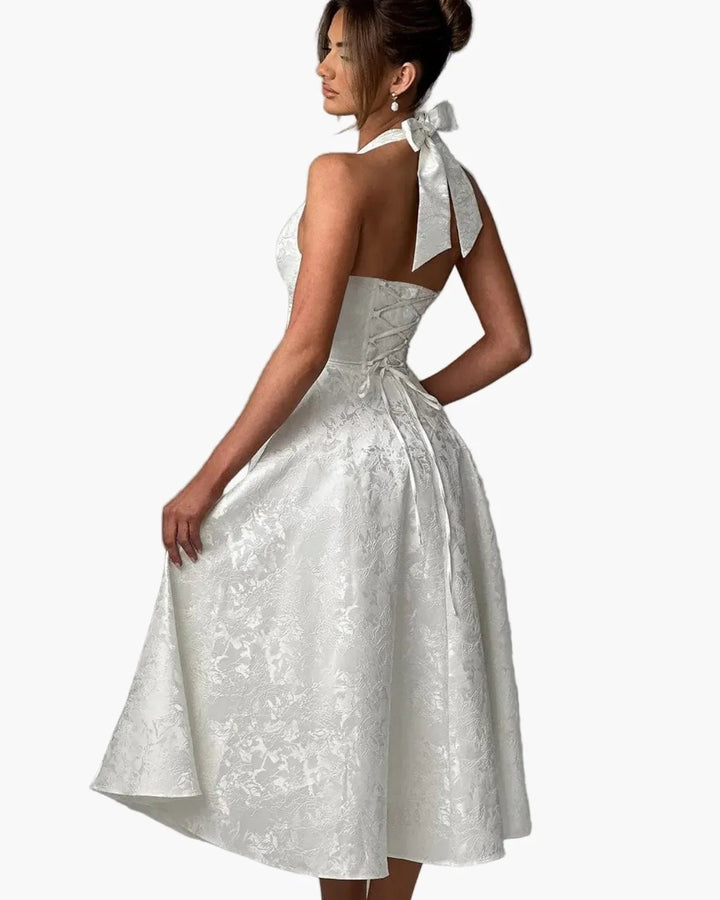 Vivienne | Elegant White Halter Midi Dress with Fit & Flare – view 5