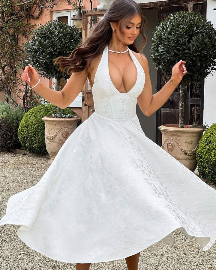 Vivienne | Elegant White Halter Midi Dress with Fit & Flare – view 1