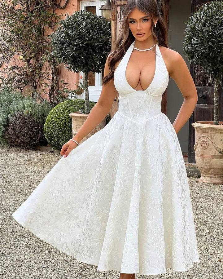 Vivienne | Elegant White Halter Midi Dress with Fit & Flare – view 3