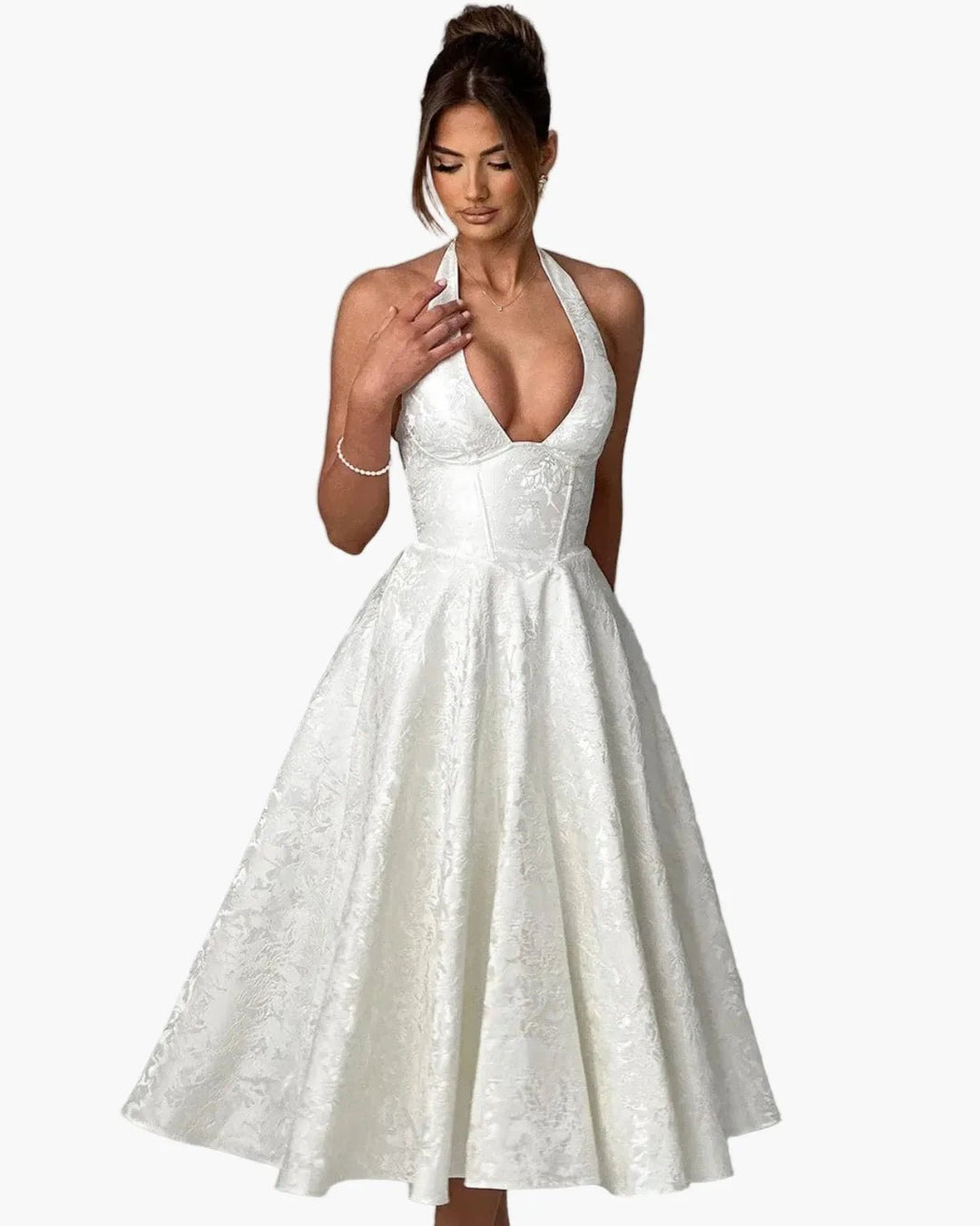 Vivienne | Elegant White Halter Midi Dress with Fit & Flare – view 2
