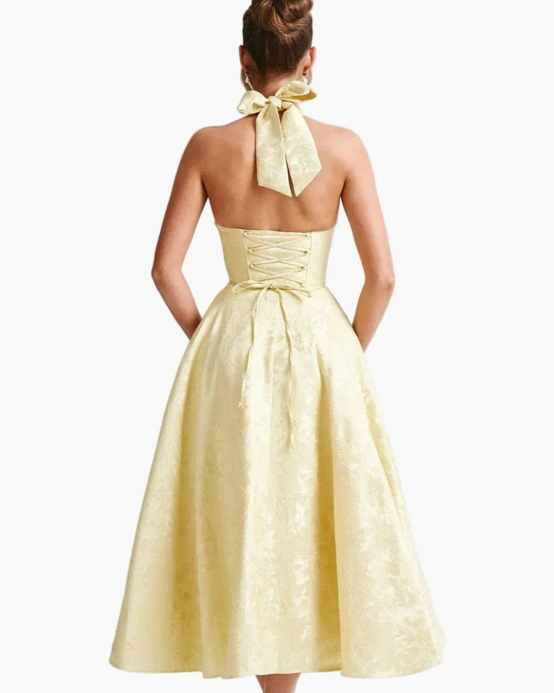 Vivienne | Elegant White Halter Midi Dress with Fit & Flare – view 11