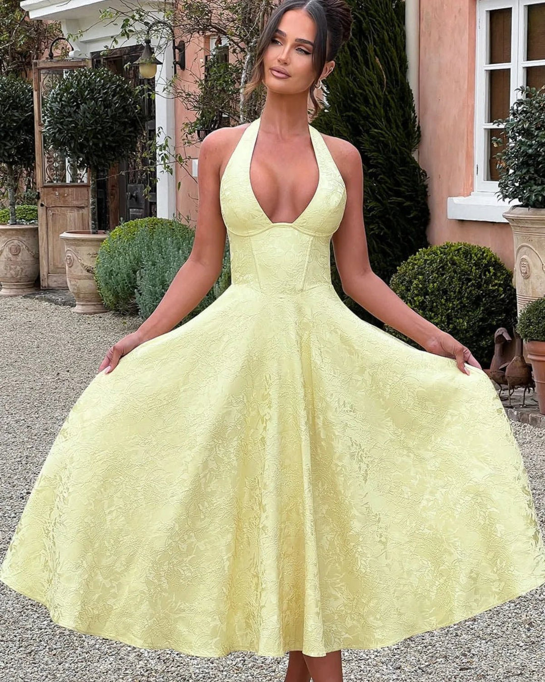 Vivienne | Elegant White Halter Midi Dress with Fit & Flare – view 10