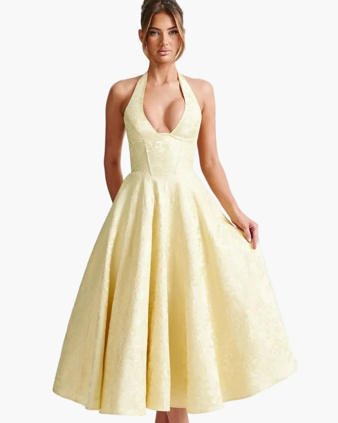 Vivienne | Elegant White Halter Midi Dress with Fit & Flare – view 12