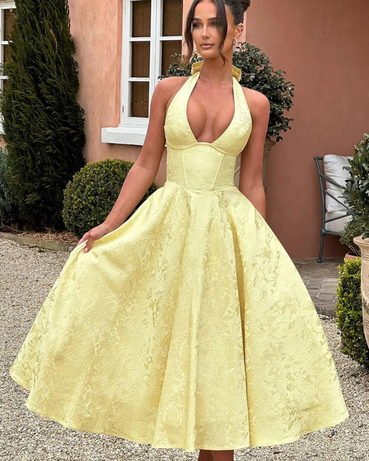 Vivienne | Elegant White Halter Midi Dress with Fit & Flare – view 8