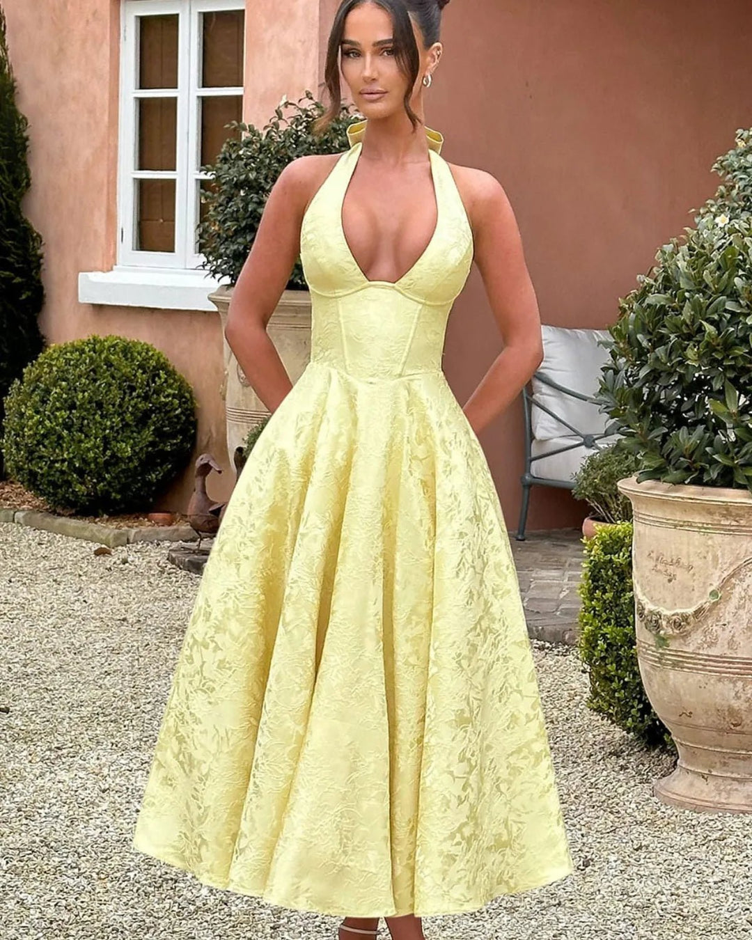 Vivienne | Elegant White Halter Midi Dress with Fit & Flare – view 9