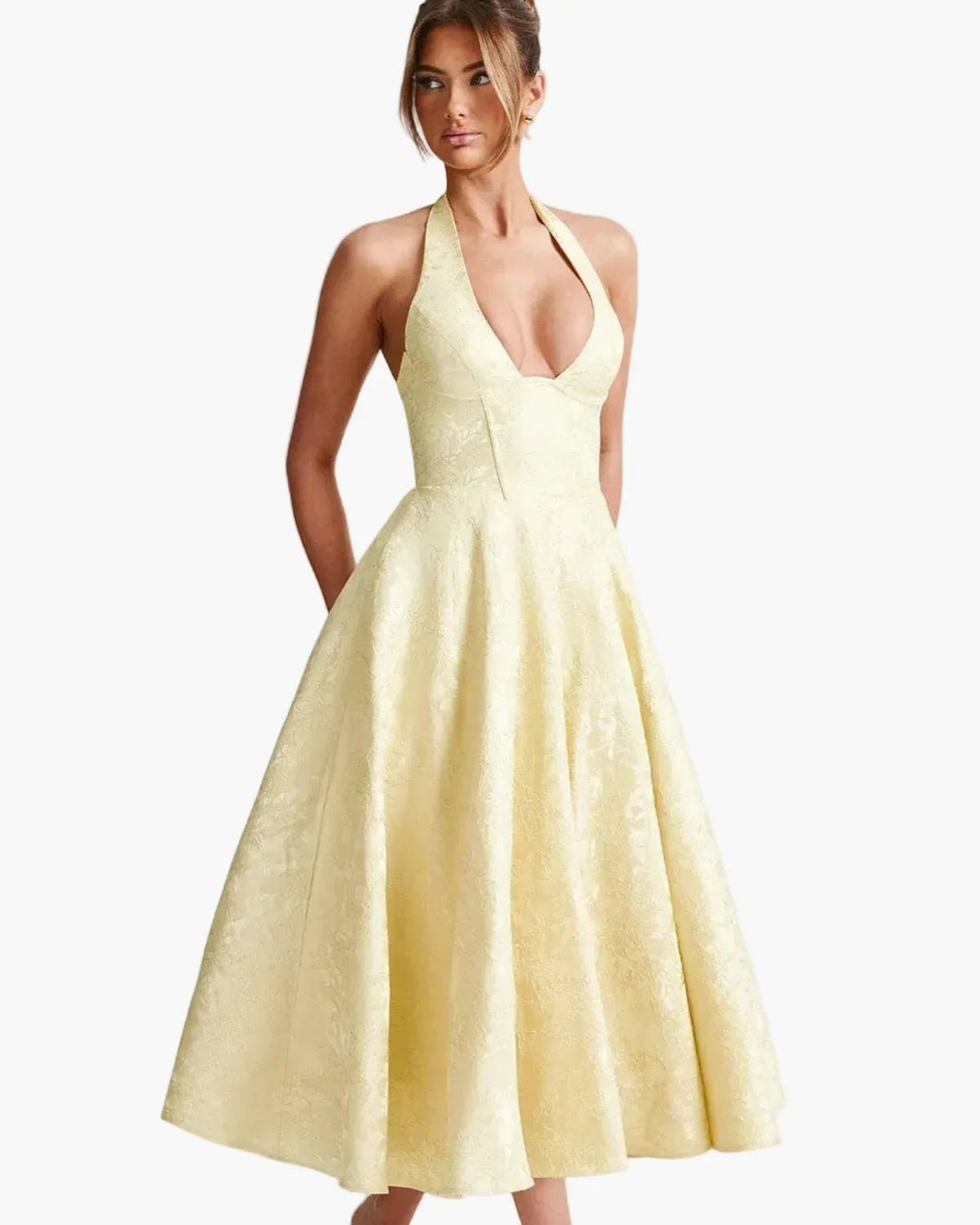 Vivienne | Elegant White Halter Midi Dress with Fit & Flare – view 13