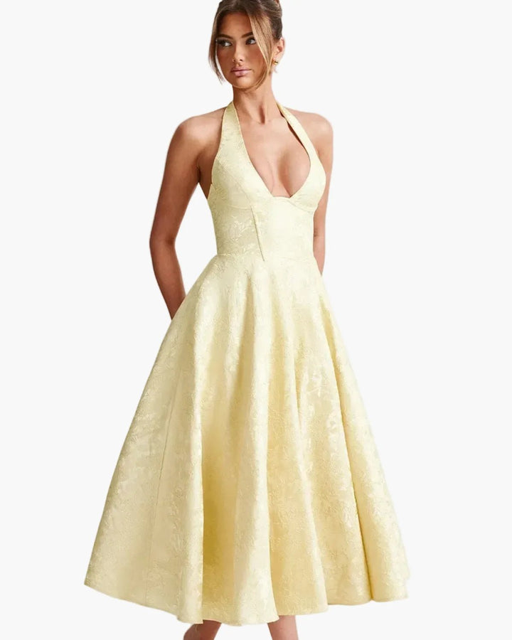 Vivienne | Elegant White Halter Midi Dress with Fit & Flare – view 13