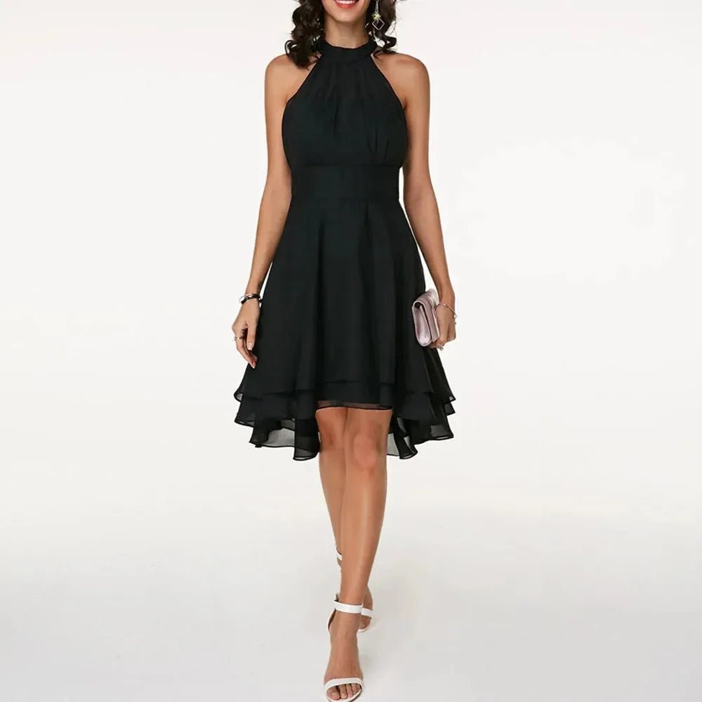 Elise | Elegant White Halter Ruffle Midi Dress - Emma's Dresses